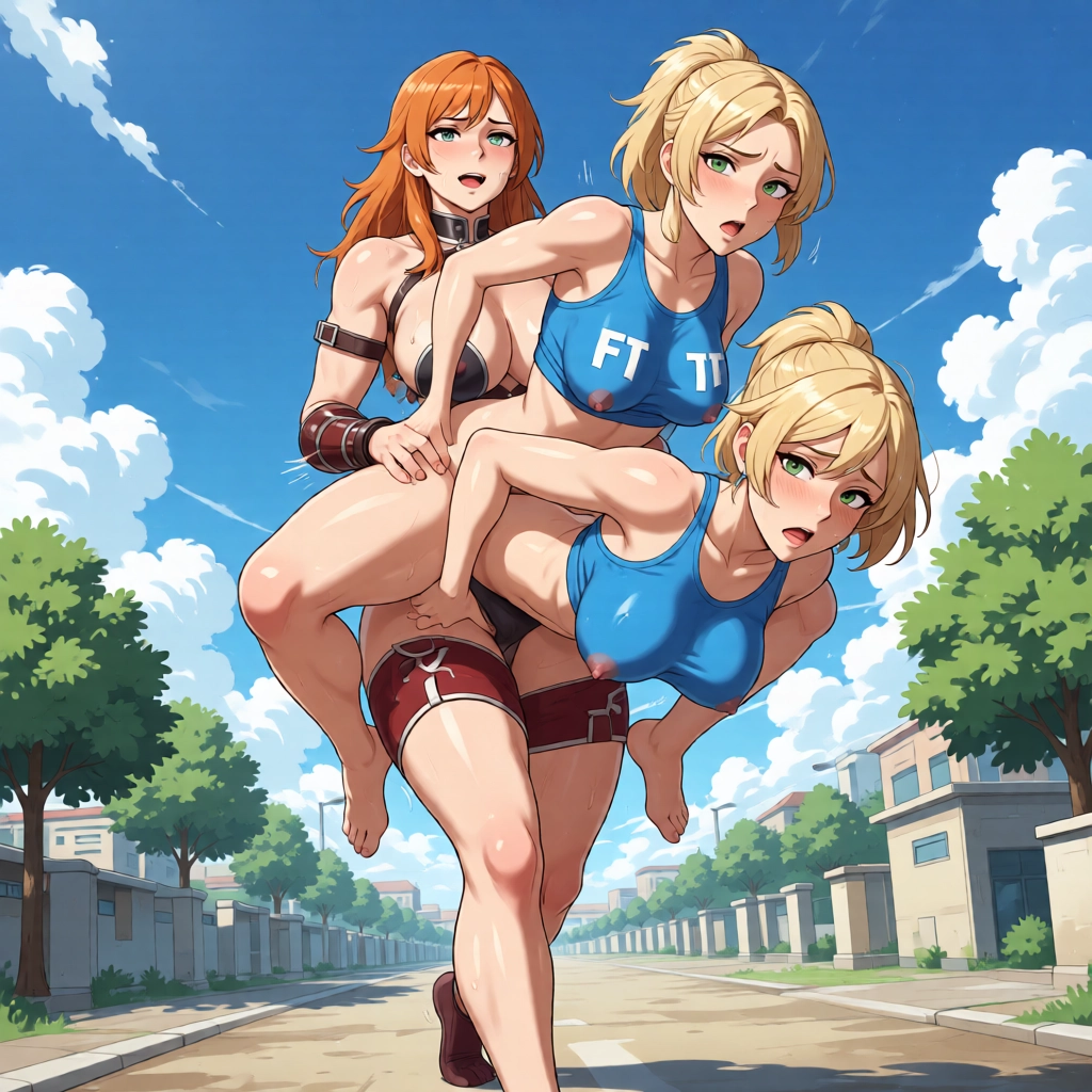 multiple girls, breasts, outdoors, blonde hair, green eyes, sky · Yamete.gg