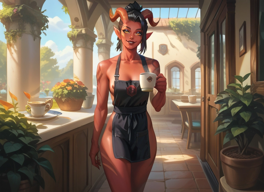 1girl, horns, breasts, apron, cup, naked apron · Yamete.gg