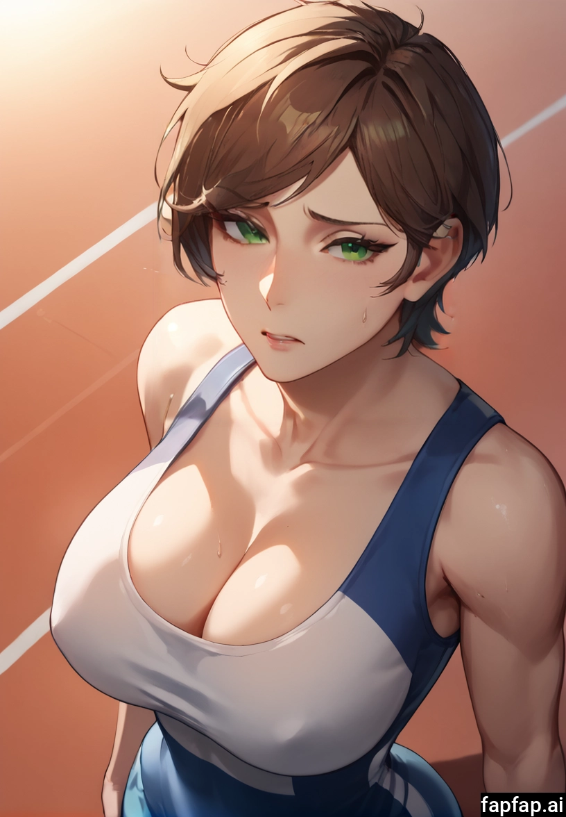 1girl, breasts, green eyes, short hair, brown hair, cleavage · Yamete.gg
