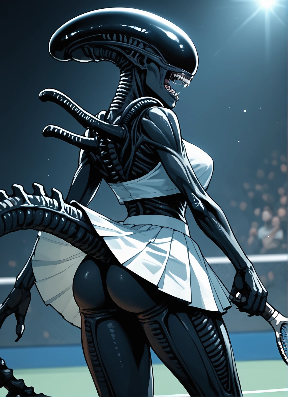 1girl, ass, skirt, tennis racket, racket, solo · Yamete.gg