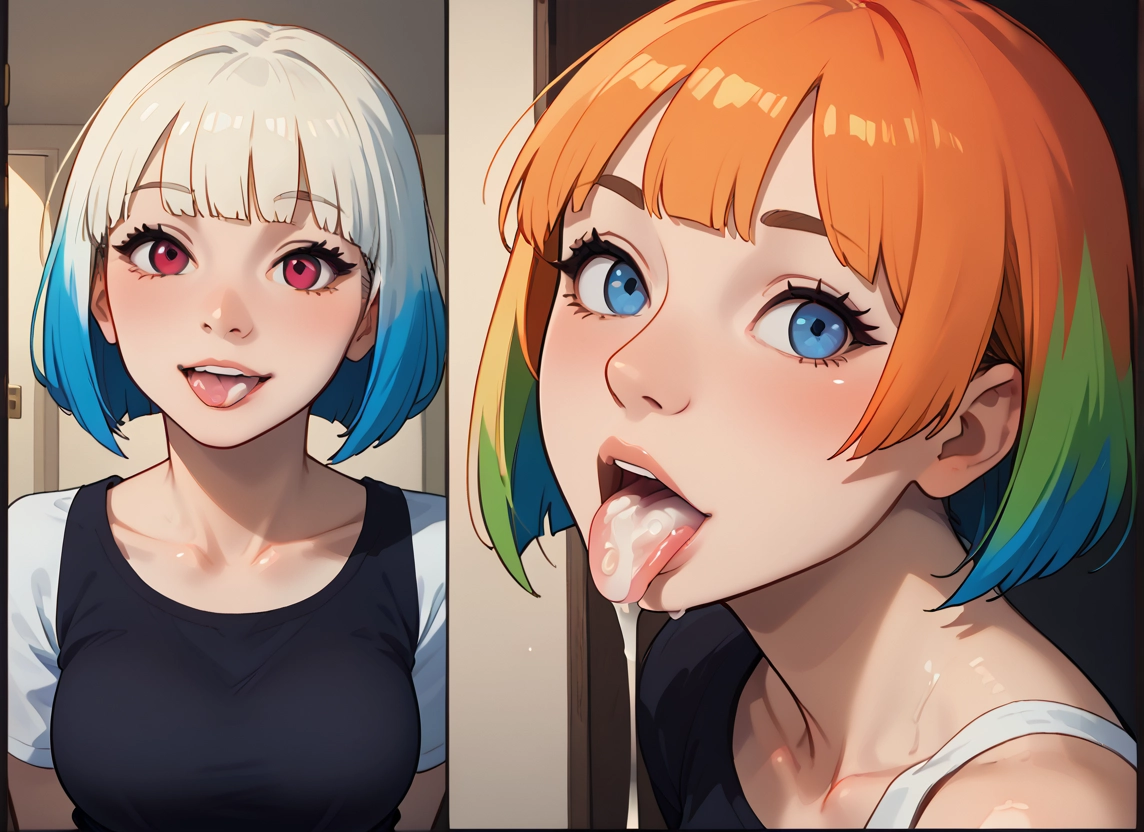 multiple girls, 2girls, tongue, multicolored hair, tongue out, blue eyes · Yamete.gg