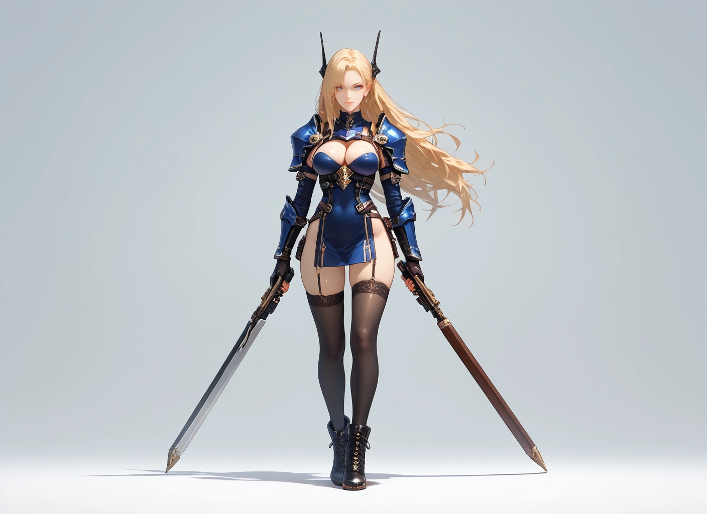 1girl, breasts, weapon, blonde hair, solo, thighhighs · Yamete.gg