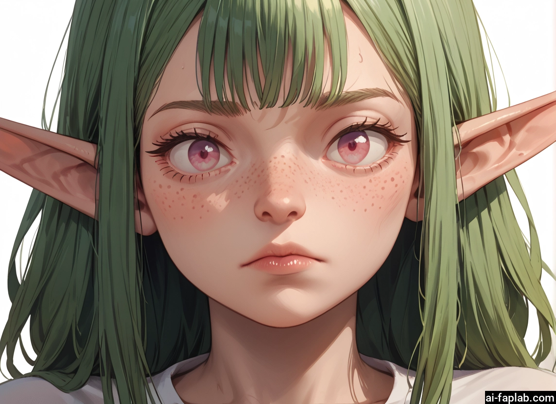 1girl, solo, pointy ears, freckles, green hair, looking at viewer · Yamete.gg