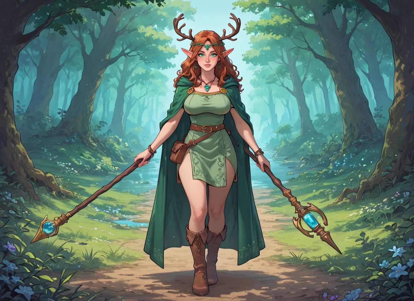 1girl, pointy ears, jewelry, solo, boots, staff · Yamete.gg