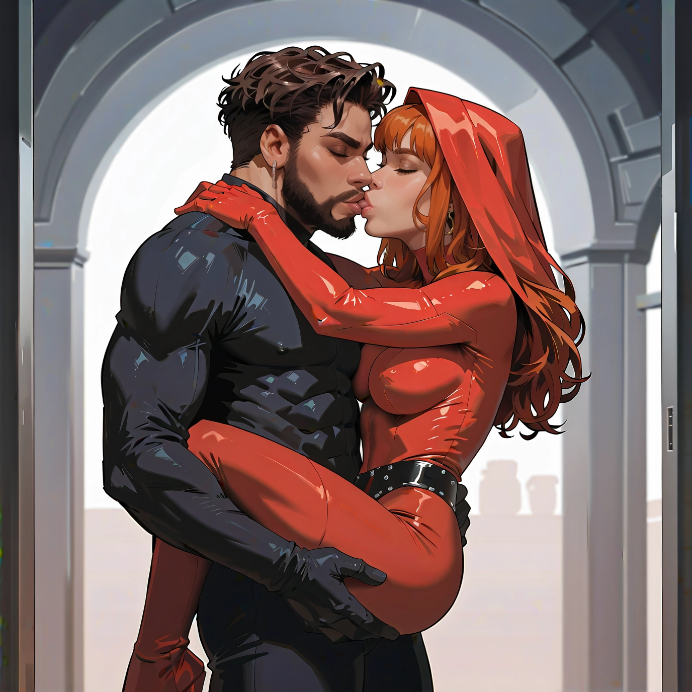 1girl, 1boy, kiss, bodysuit, facial hair, hetero · Yamete.gg