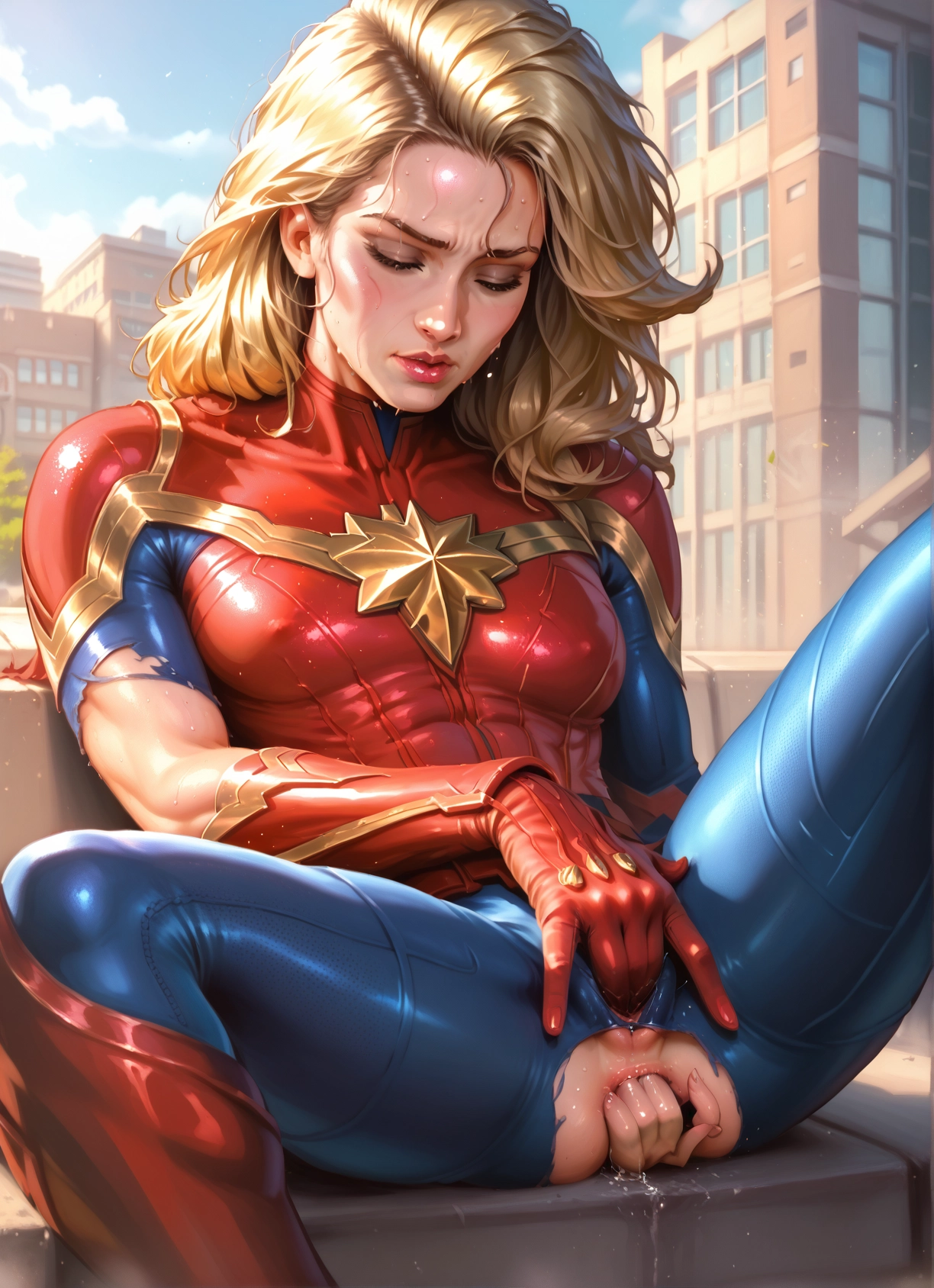 1girl, solo, blonde hair, torn clothes, bodysuit, masturbation · Yamete.gg