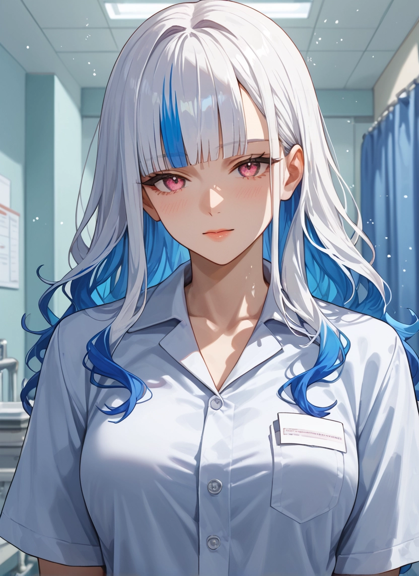 1girl, solo, multicolored hair, shirt, blue hair, looking at viewer · Yamete.gg