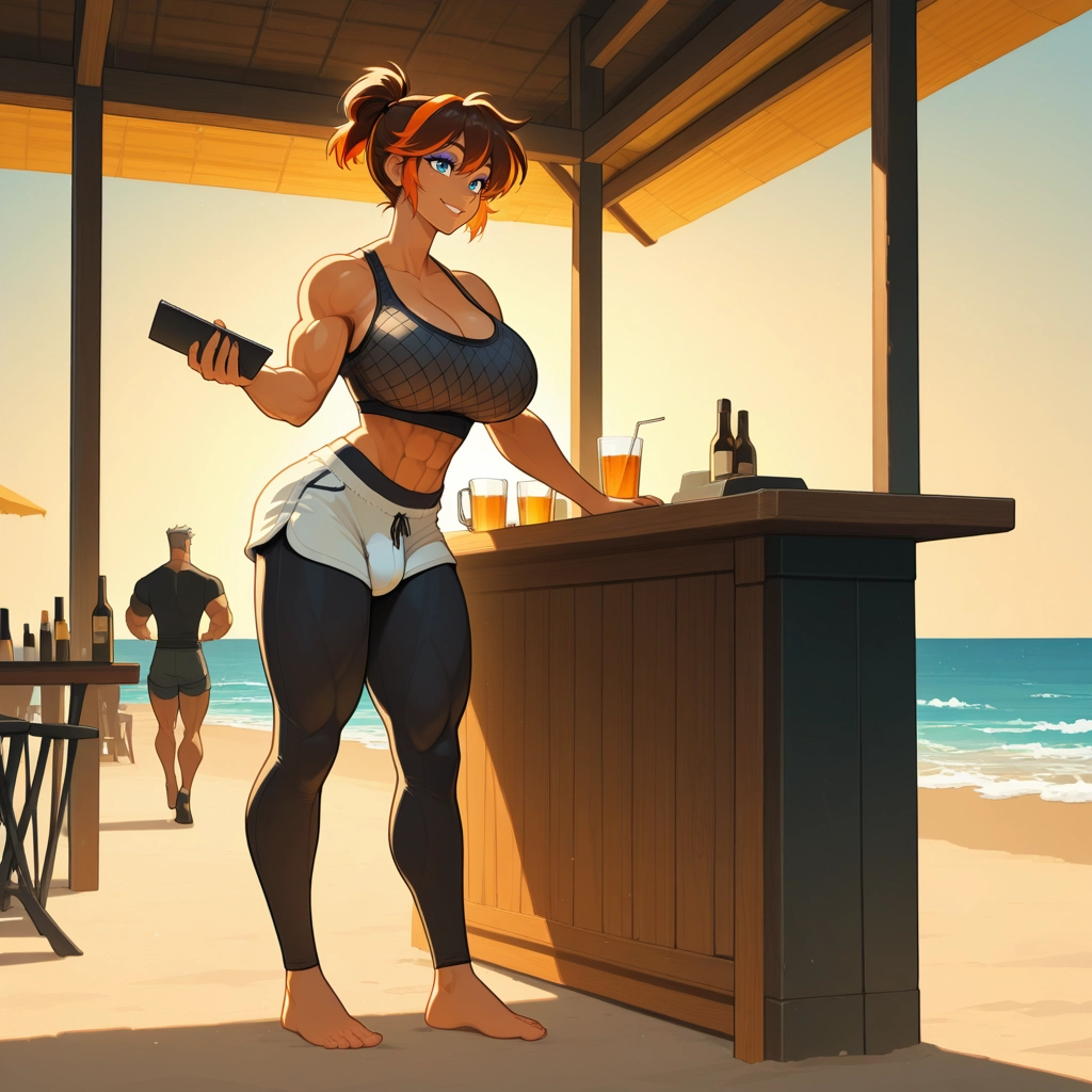 muscular female, beach, muscular, 1girl, breasts, blue eyes · Yamete.gg