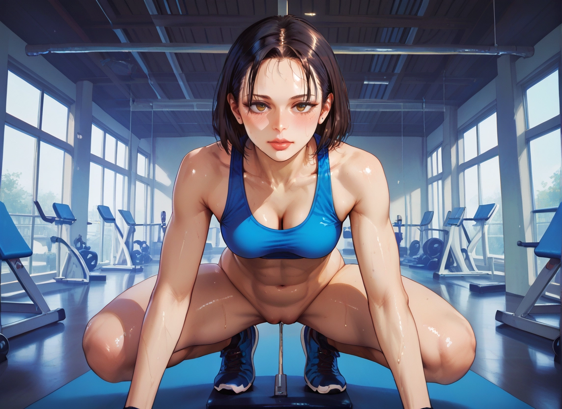 1girl, breasts, indoors, bottomless, sweat, shoes · Yamete.gg