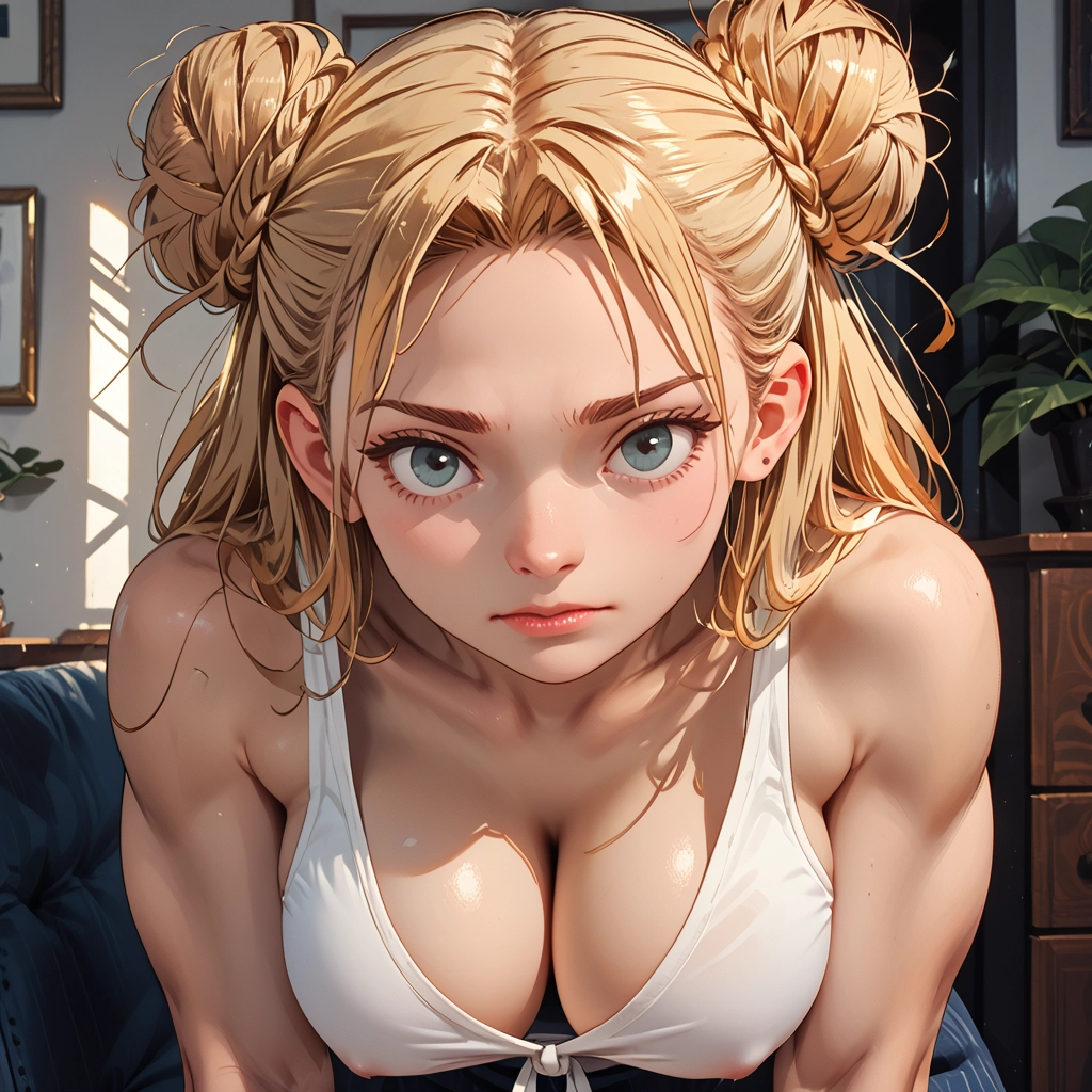 1girl, breasts, blonde hair, solo, double bun, looking at viewer · Yamete.gg