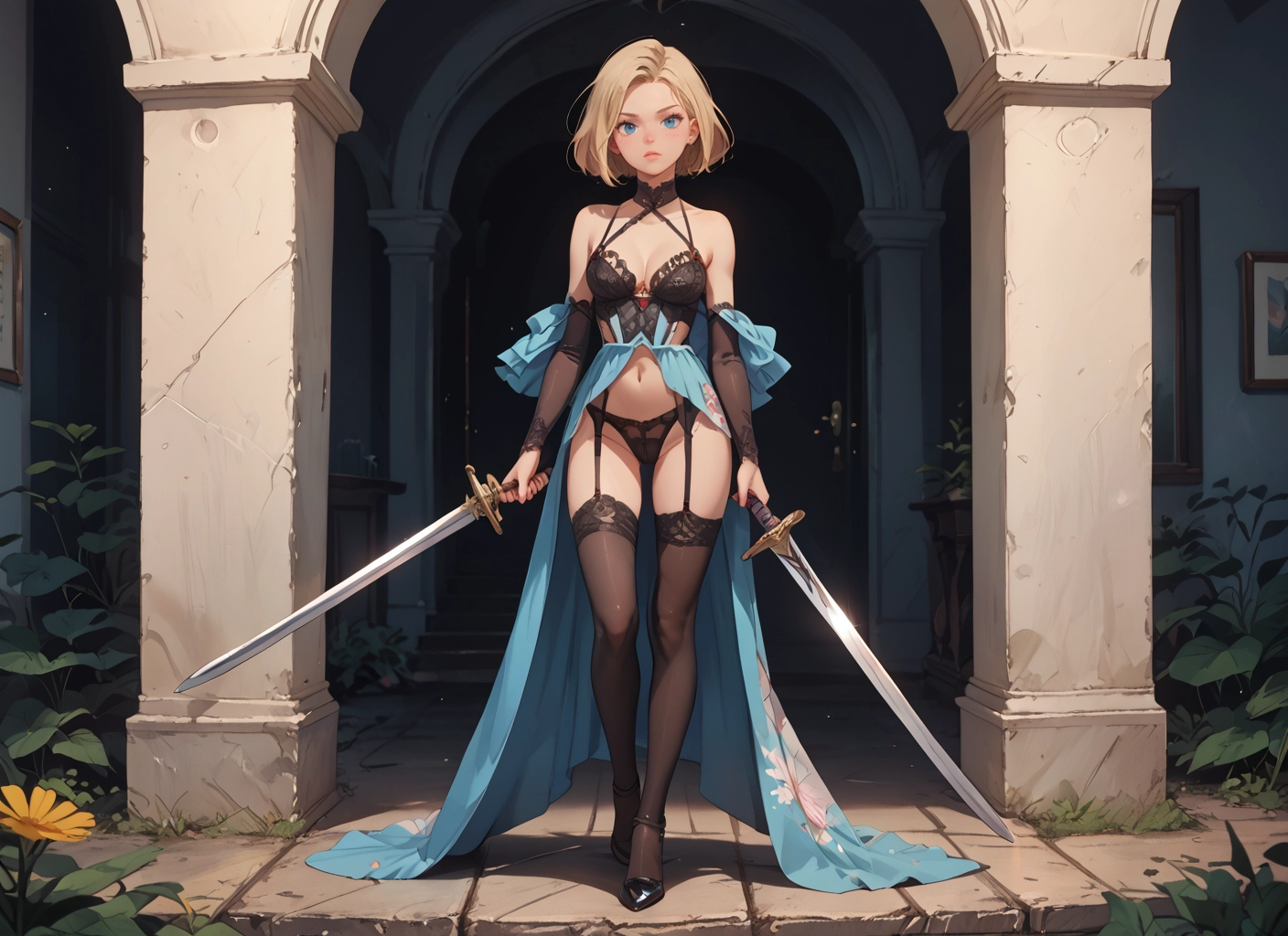 1girl, weapon, solo, sword, thighhighs, blue eyes · Yamete.gg