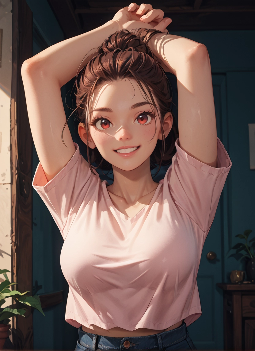 1girl, smile, solo, brown hair, shirt, looking at viewer · Yamete.gg