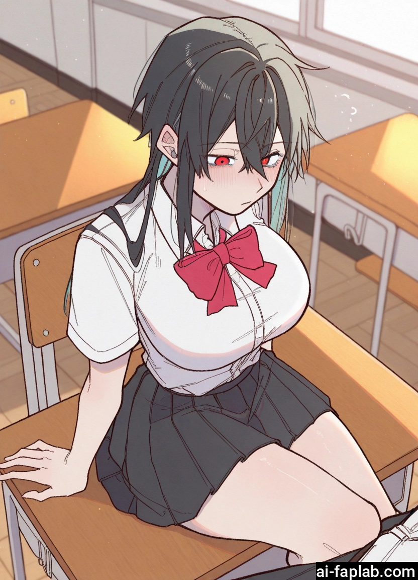 1girl, skirt, red eyes, breasts, desk, large breasts