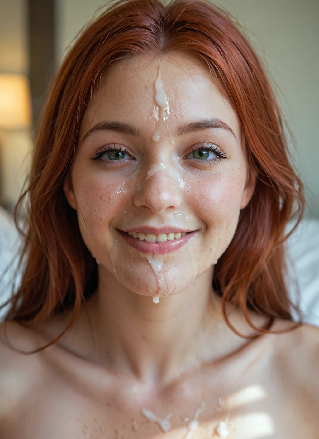 1girl, solo, cum, facial, green eyes, looking at viewer · Yamete.gg