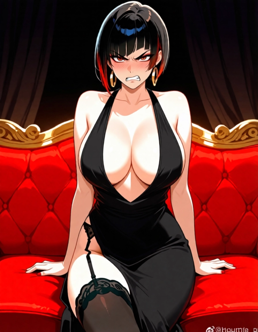 1girl, breasts, black hair, solo, dress, thighhighs · Yamete.gg
