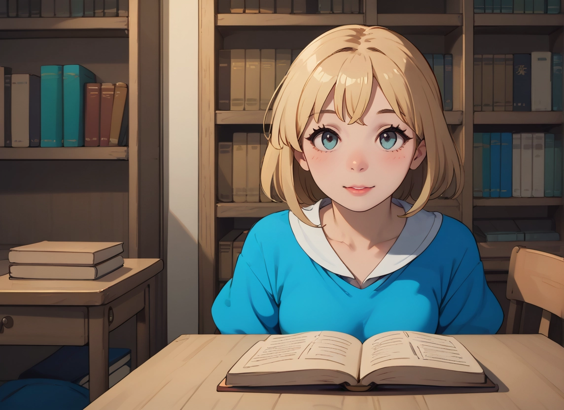 1girl, solo, book, looking at viewer, bookshelf, blue eyes · Yamete.gg