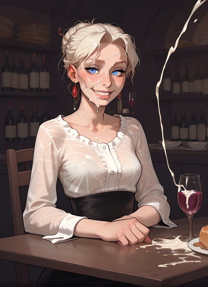 1girl, solo, blue eyes, cum, smile, earrings