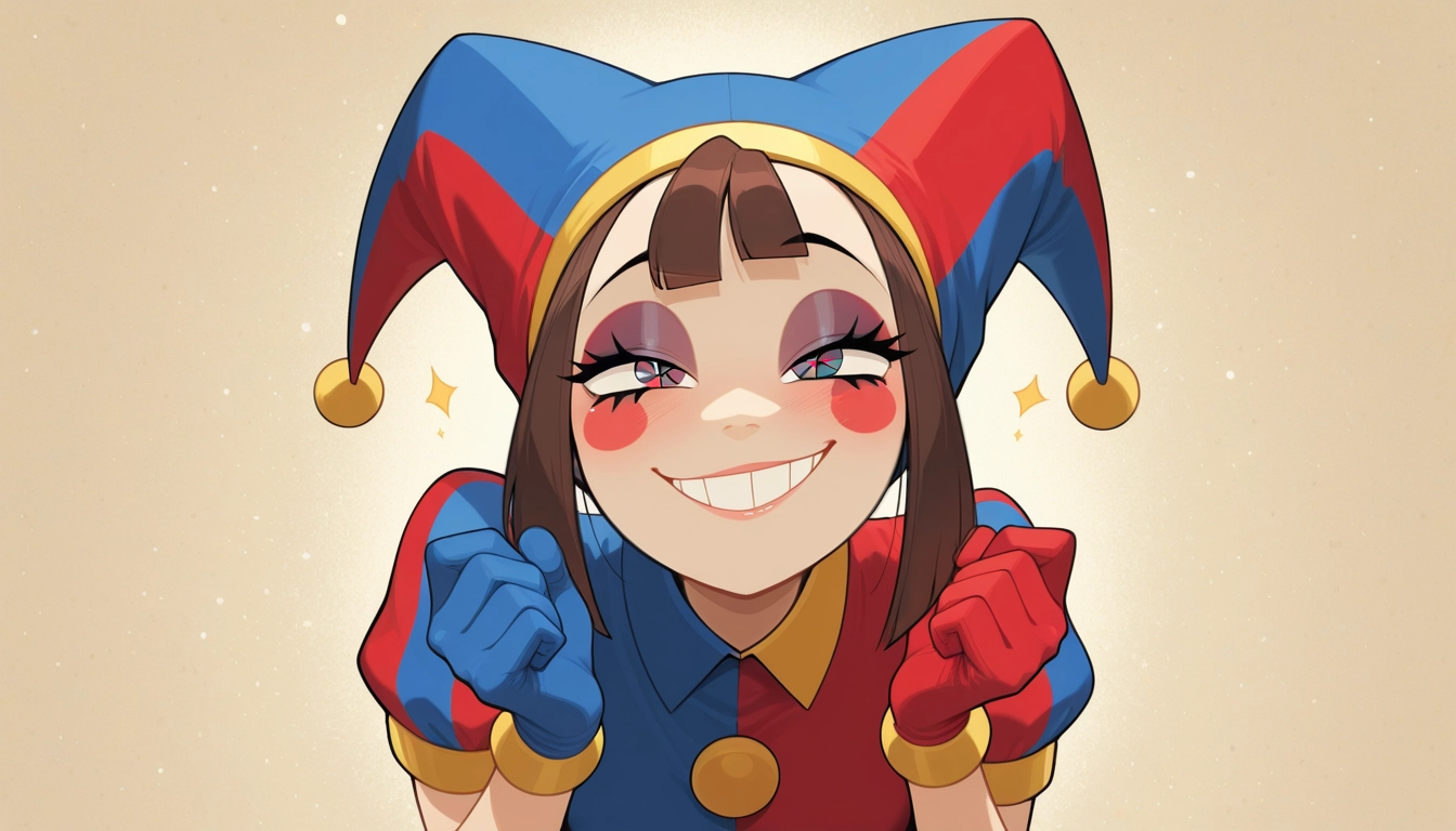 1girl, smile, jester cap, gloves, solo, hat