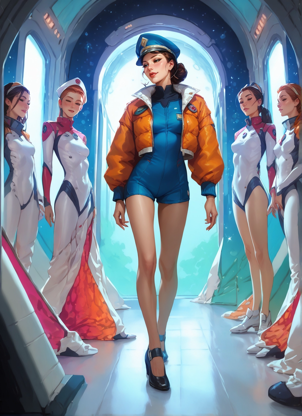multiple girls, 4girls, hat, jacket, bodysuit, breasts · Yamete.gg