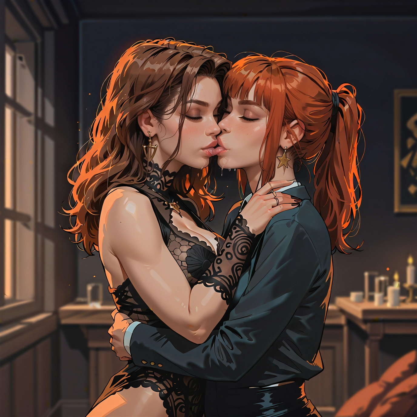multiple girls, 2girls, yuri, jewelry, kiss, earrings · Yamete.gg