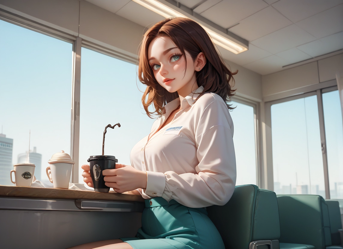 1girl, solo, cup, brown hair, skirt, shirt · Yamete.gg