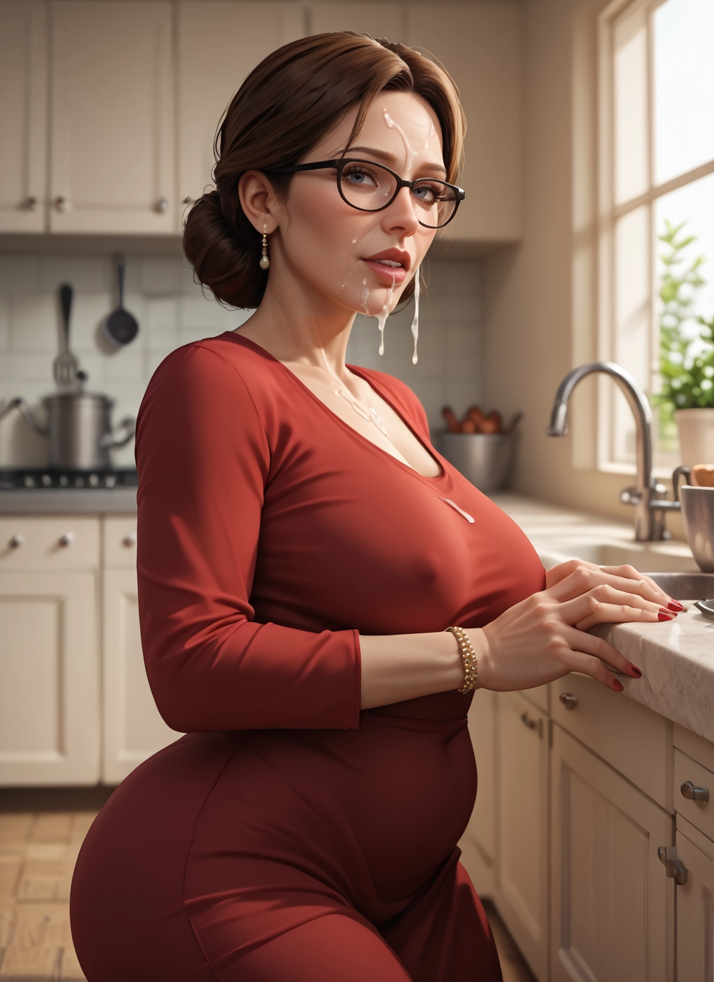 1girl, breasts, glasses, jewelry, cum, solo · Yamete.gg