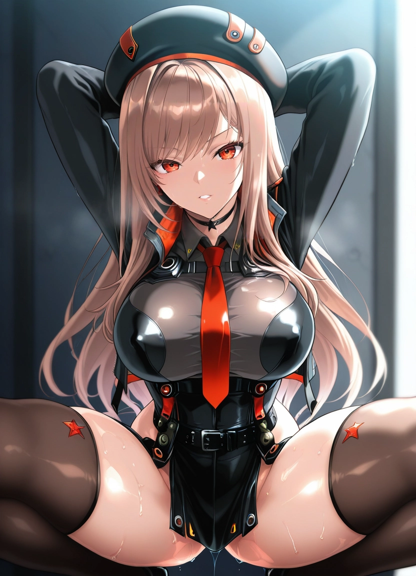 1girl, squatting, breasts, solo, thighhighs, hat · Yamete.gg