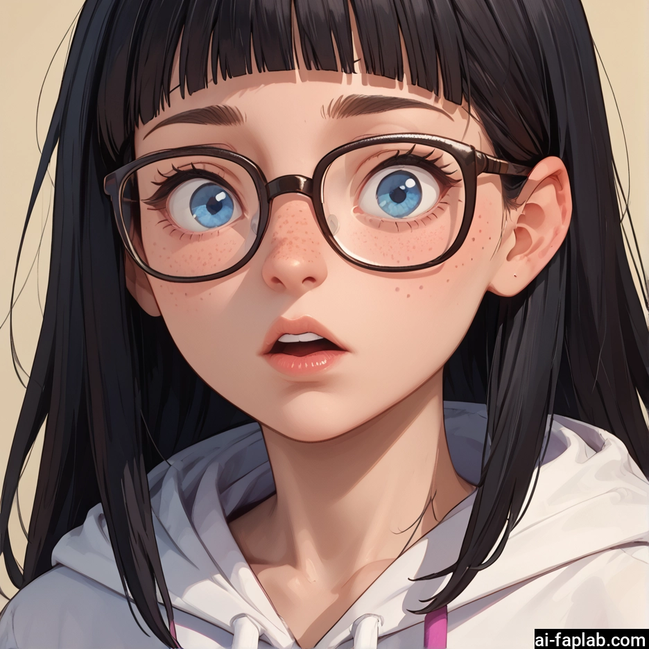 1girl, solo, glasses, blue eyes, freckles, hood