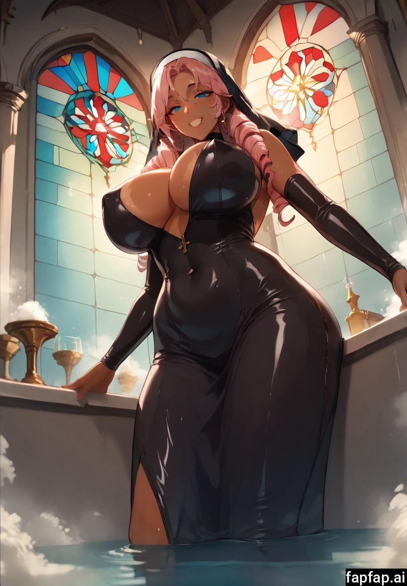 1girl, breasts, nun, solo, pink hair, dark skin · Yamete.gg