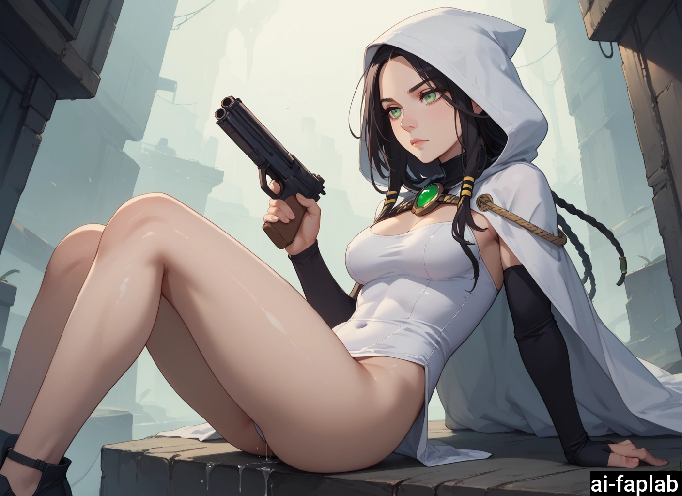 1girl, breasts, weapon, solo, gun, green eyes · Yamete.gg