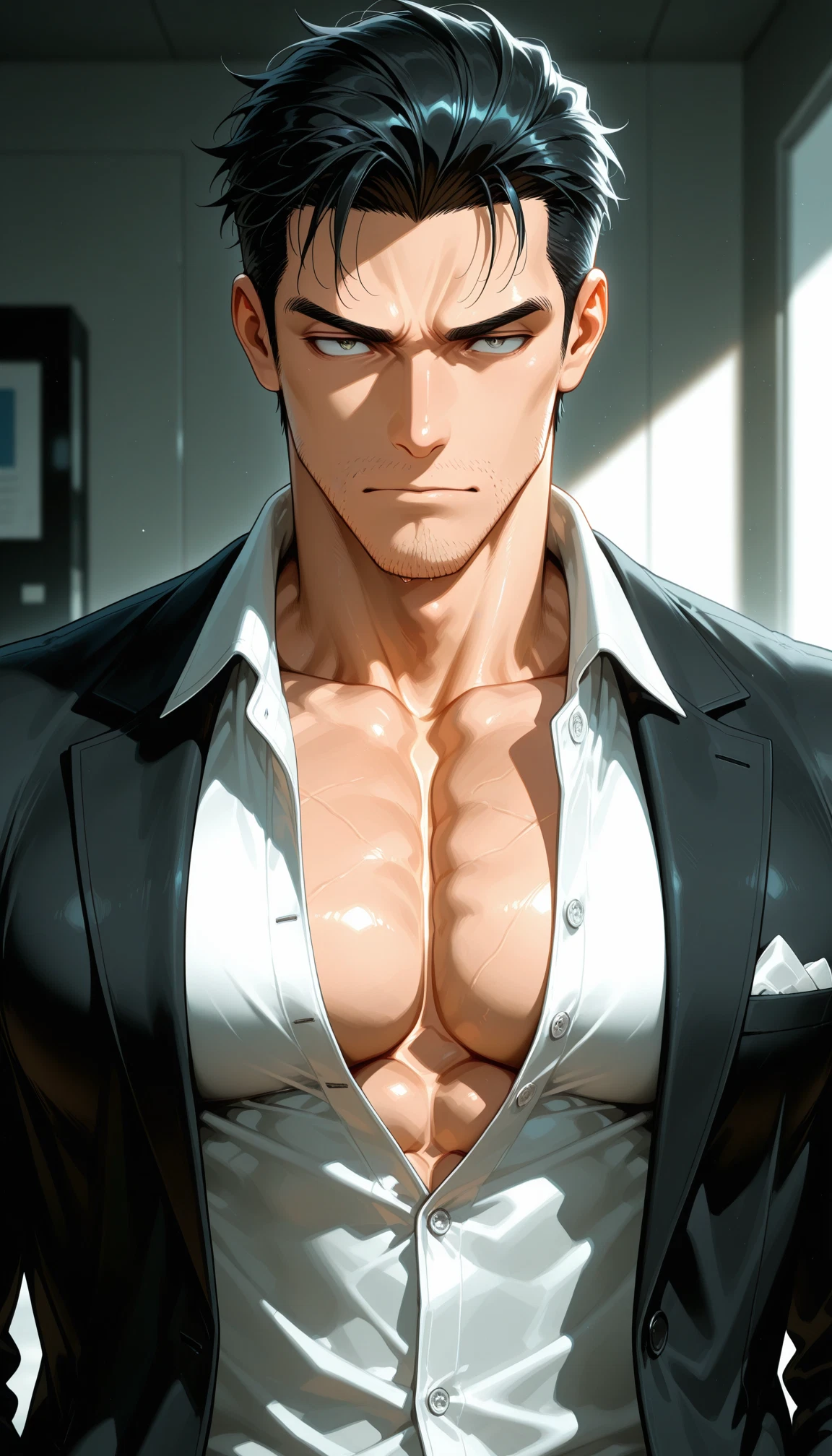 bara, 1boy, male focus, pectorals, solo, black hair · Yamete.gg