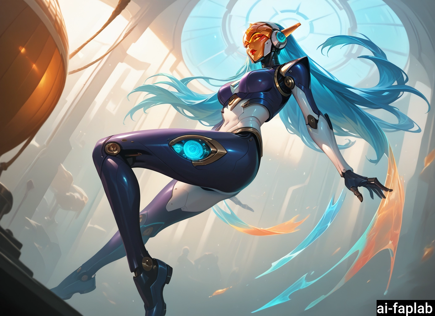1girl, long hair, solo, blue hair, breasts, bodysuit · Yamete.gg