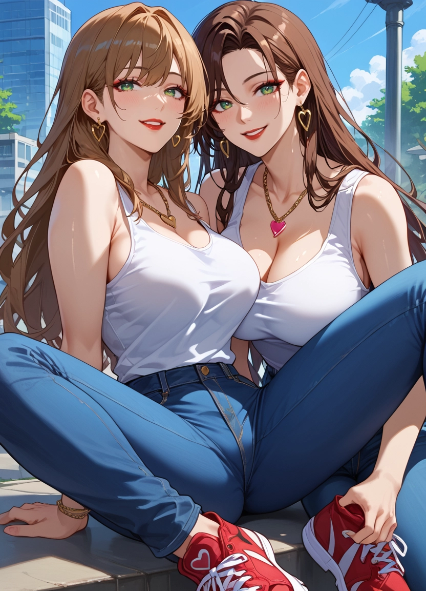 breasts, jewelry, multiple girls, green eyes, brown hair, large breasts · Yamete.gg