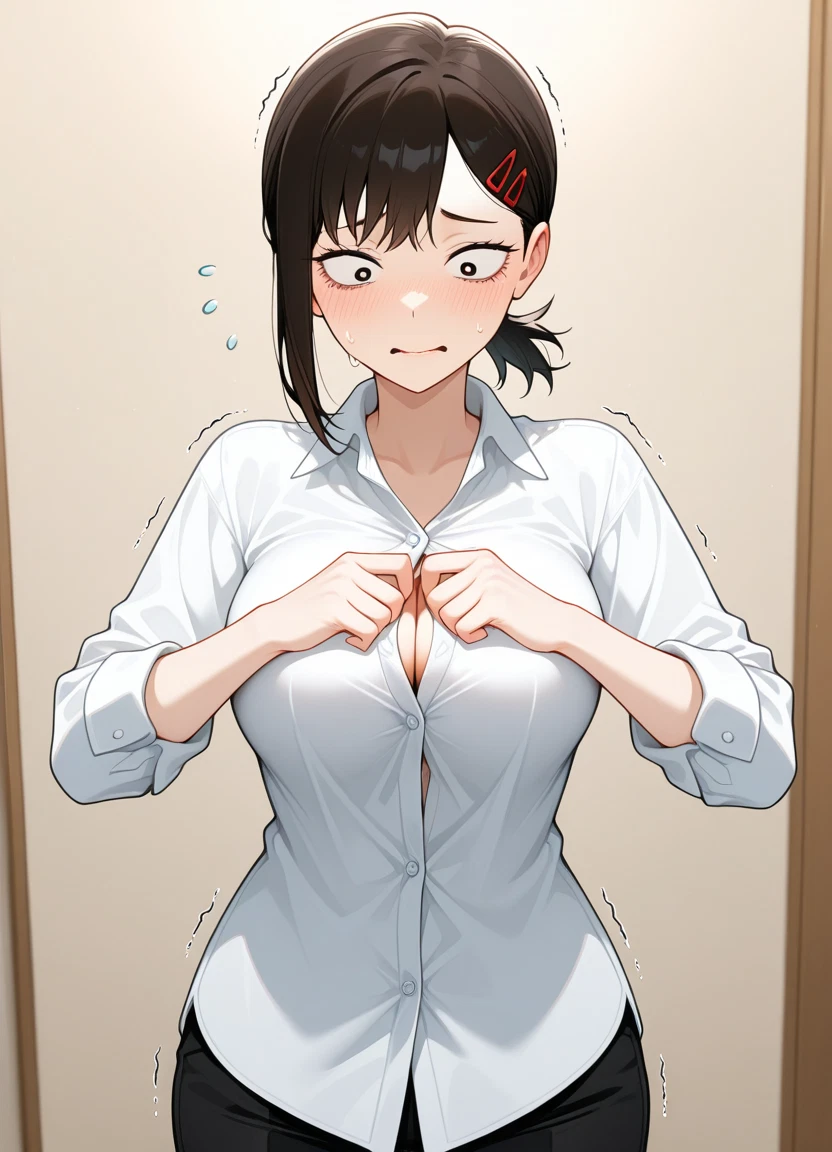 higashiyama kobeni, 1girl, breasts, solo, shirt, white shirt