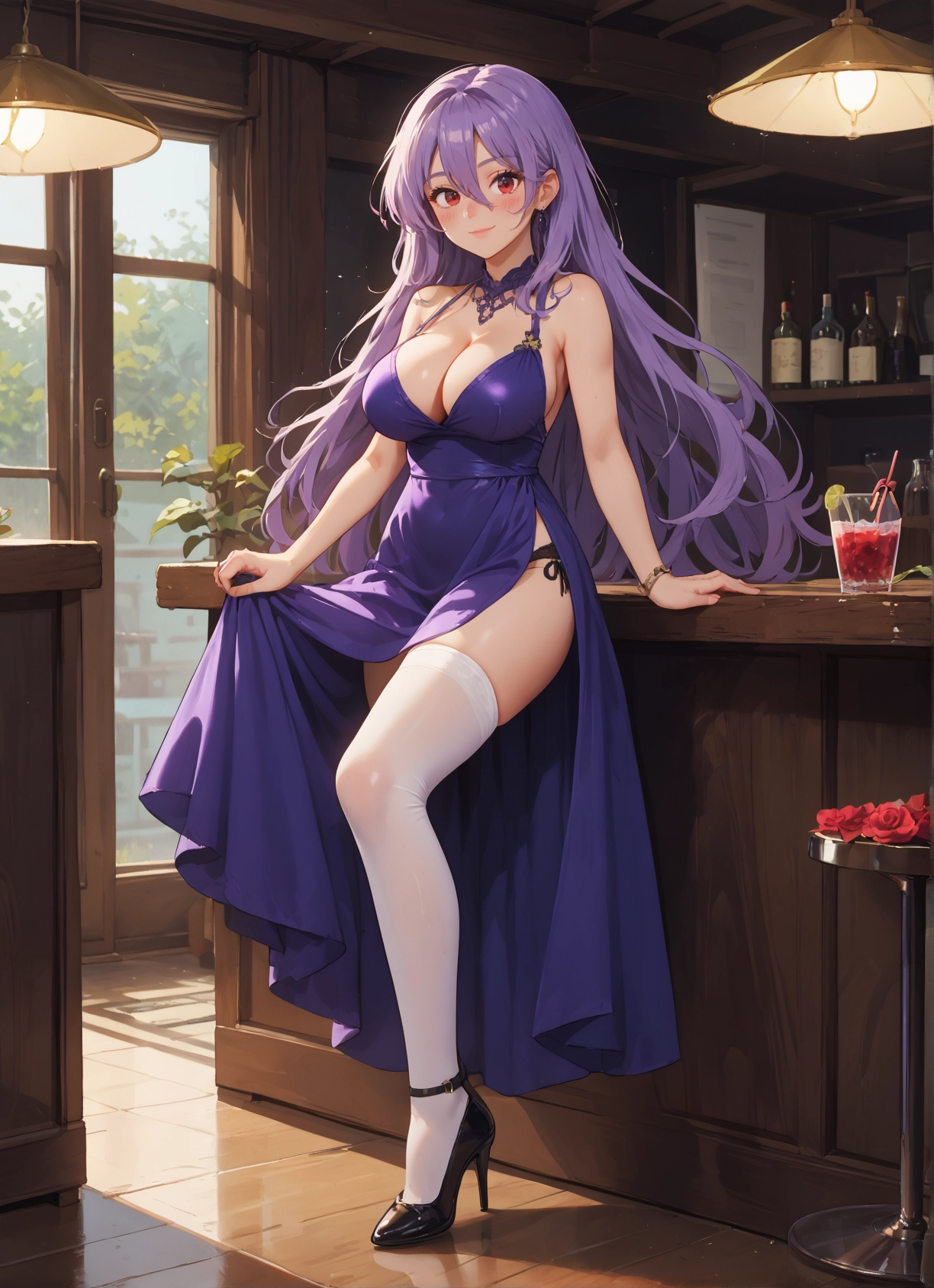 breasts, 1girl, thighhighs, dress, long hair, large breasts · Yamete.gg