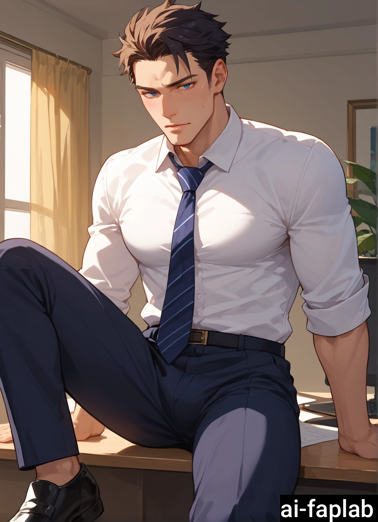 male focus, solo, 1boy, bara, muscular male, necktie