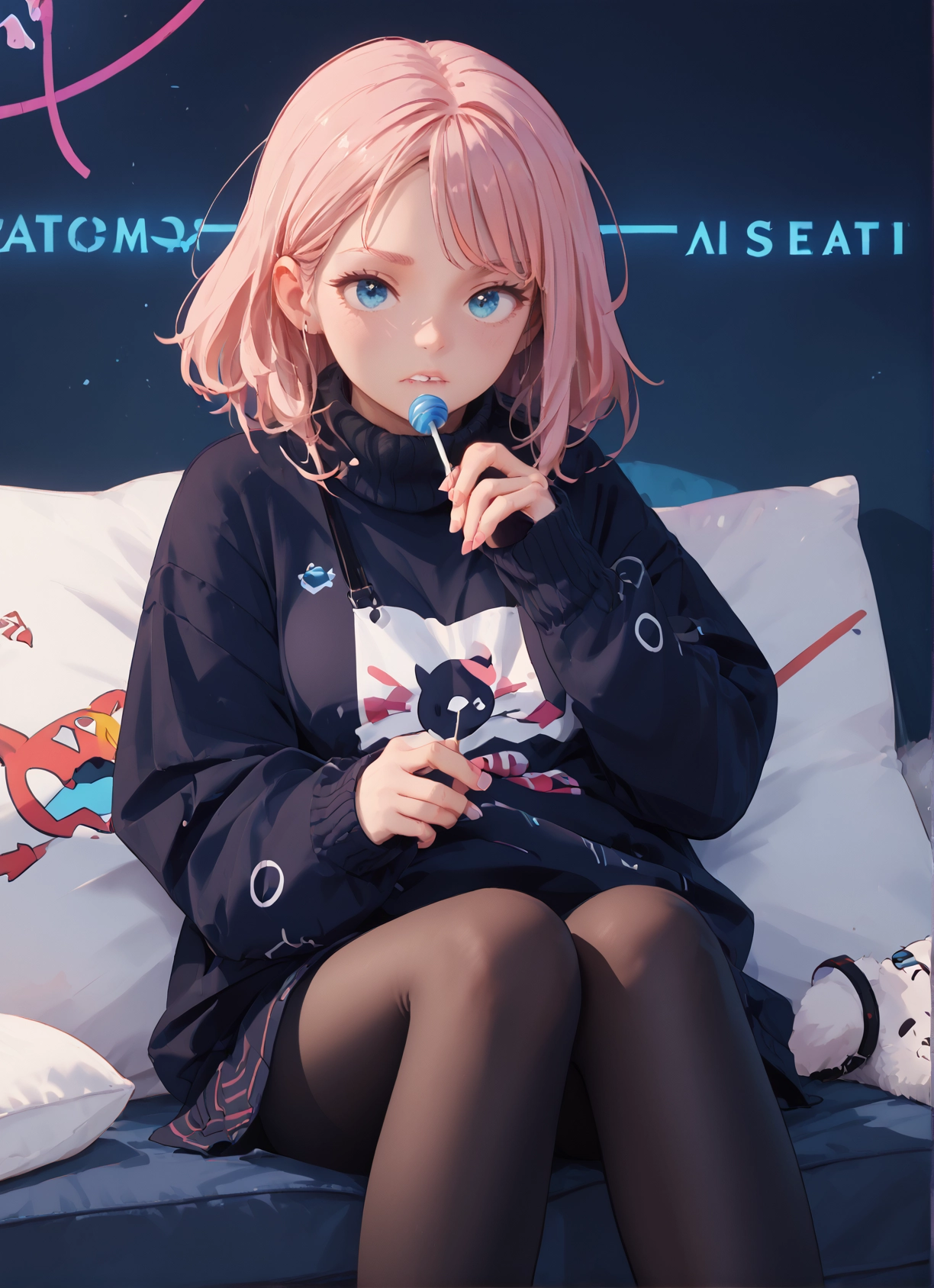 1girl, food, pantyhose, candy, lollipop, blue eyes · Yamete.gg