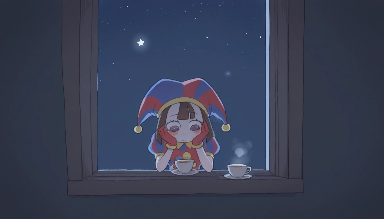 1girl, jester cap, window, solo, gloves, cup · Yamete.gg