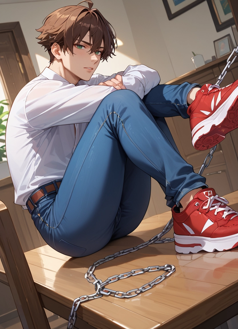brown hair, male focus, 1boy, shoes, pants, sneakers · Yamete.gg