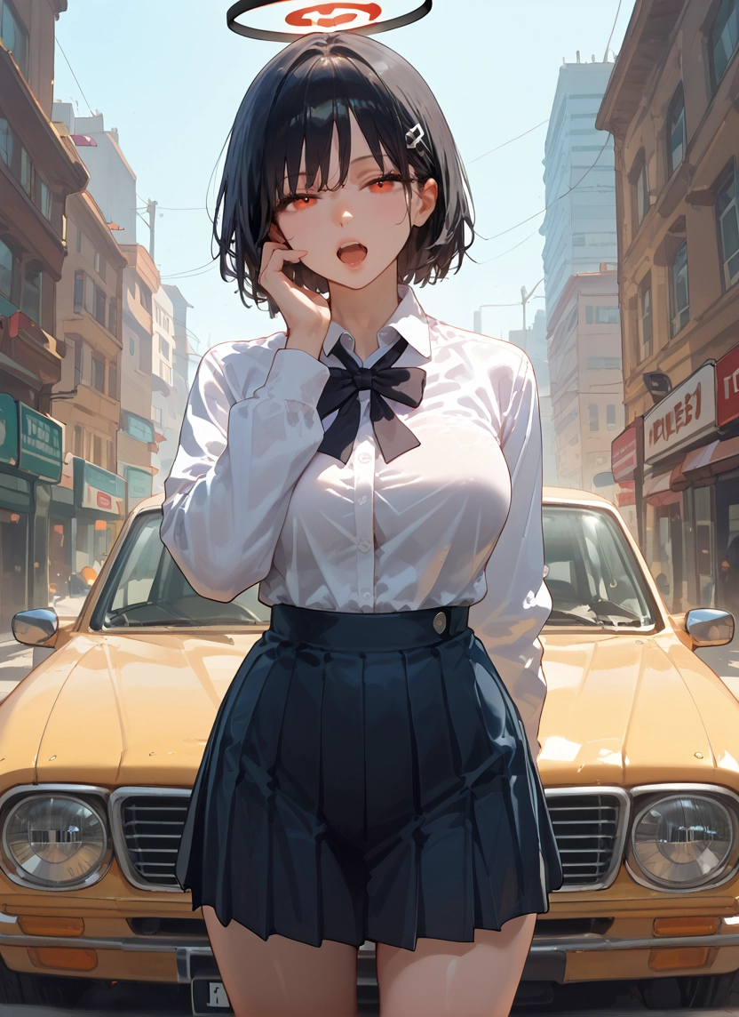 1girl, skirt, ground vehicle, motor vehicle, car, shirt · Yamete.gg
