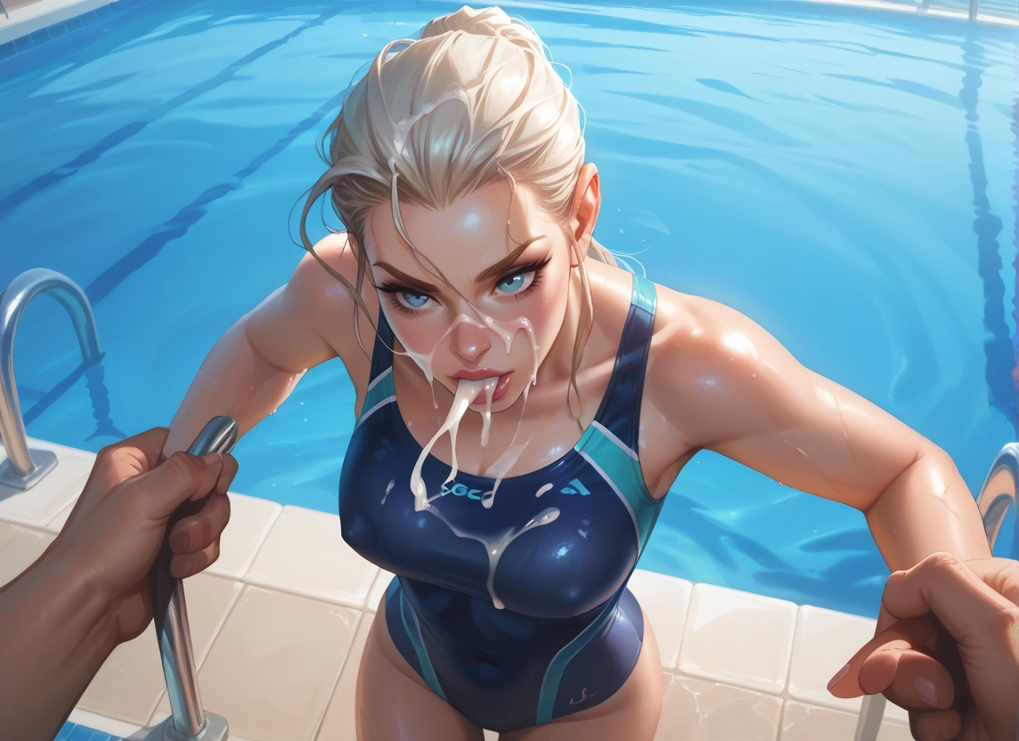 1girl, swimsuit, cum, breasts, one-piece swimsuit, blue eyes · Yamete.gg