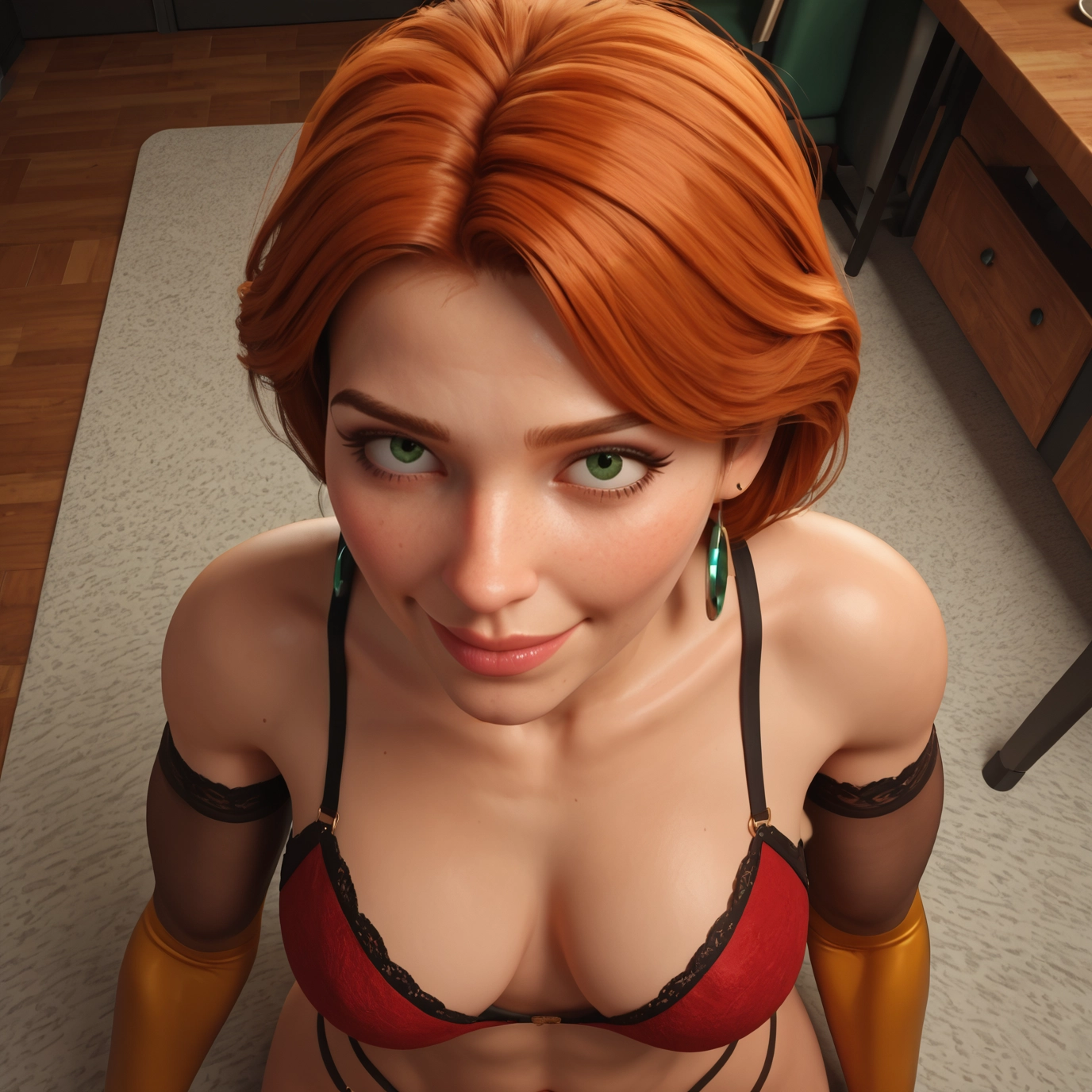 1girl, solo, green eyes, underwear, freckles, breasts · Yamete.gg