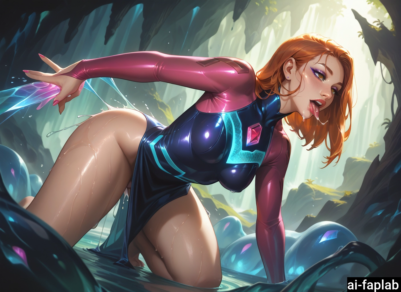 1girl, breasts, bodysuit, makeup, solo, water · Yamete.gg