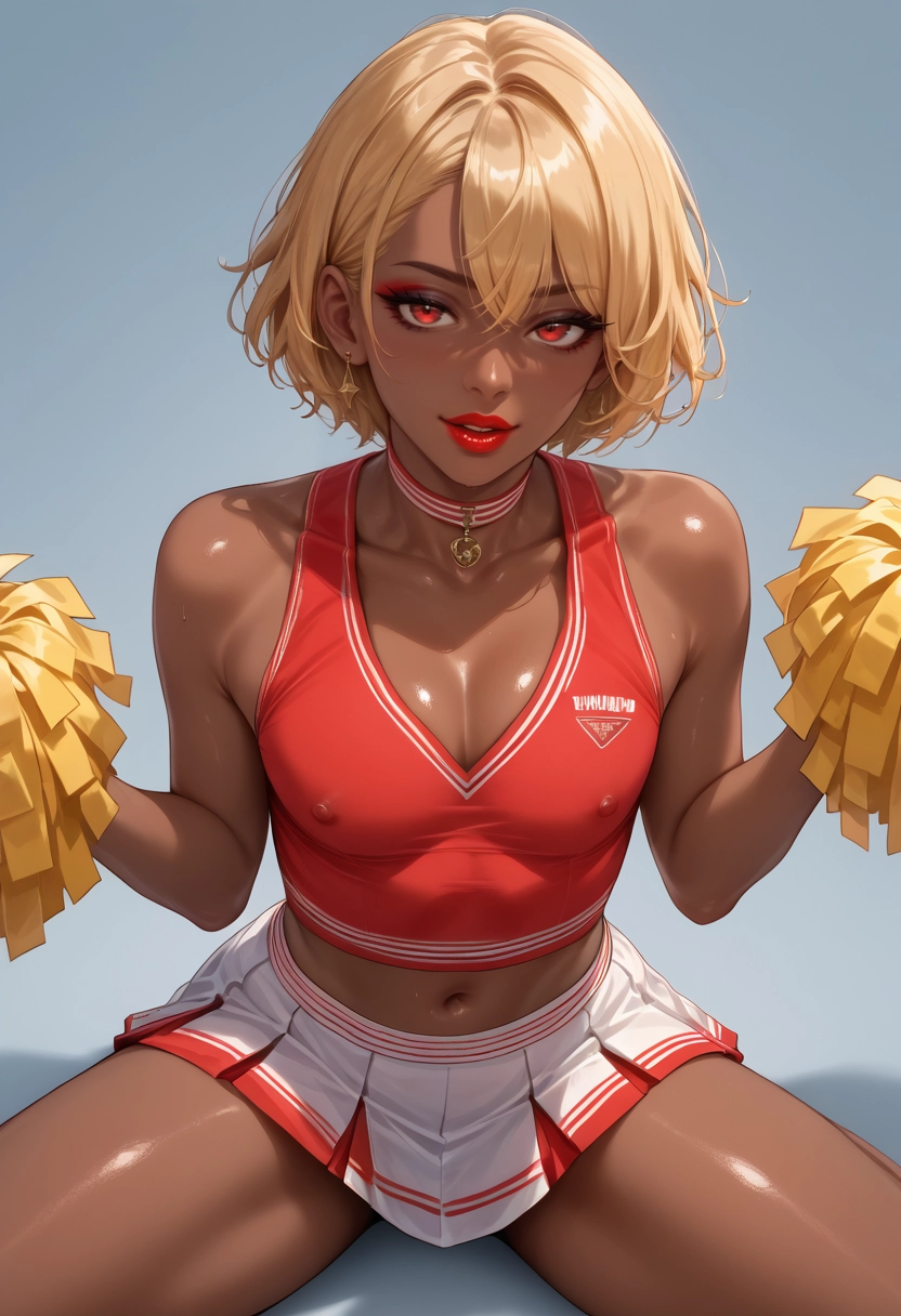 cheerleader, pom pom (cheerleading), dark skin, blonde hair, covered nipples, skirt · Yamete.gg