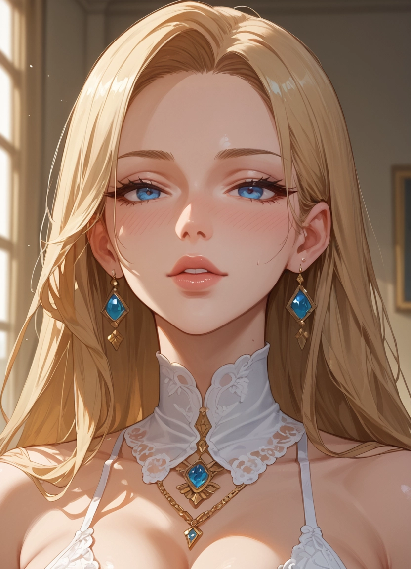 1girl, jewelry, solo, blonde hair, earrings, blue eyes · Yamete.gg