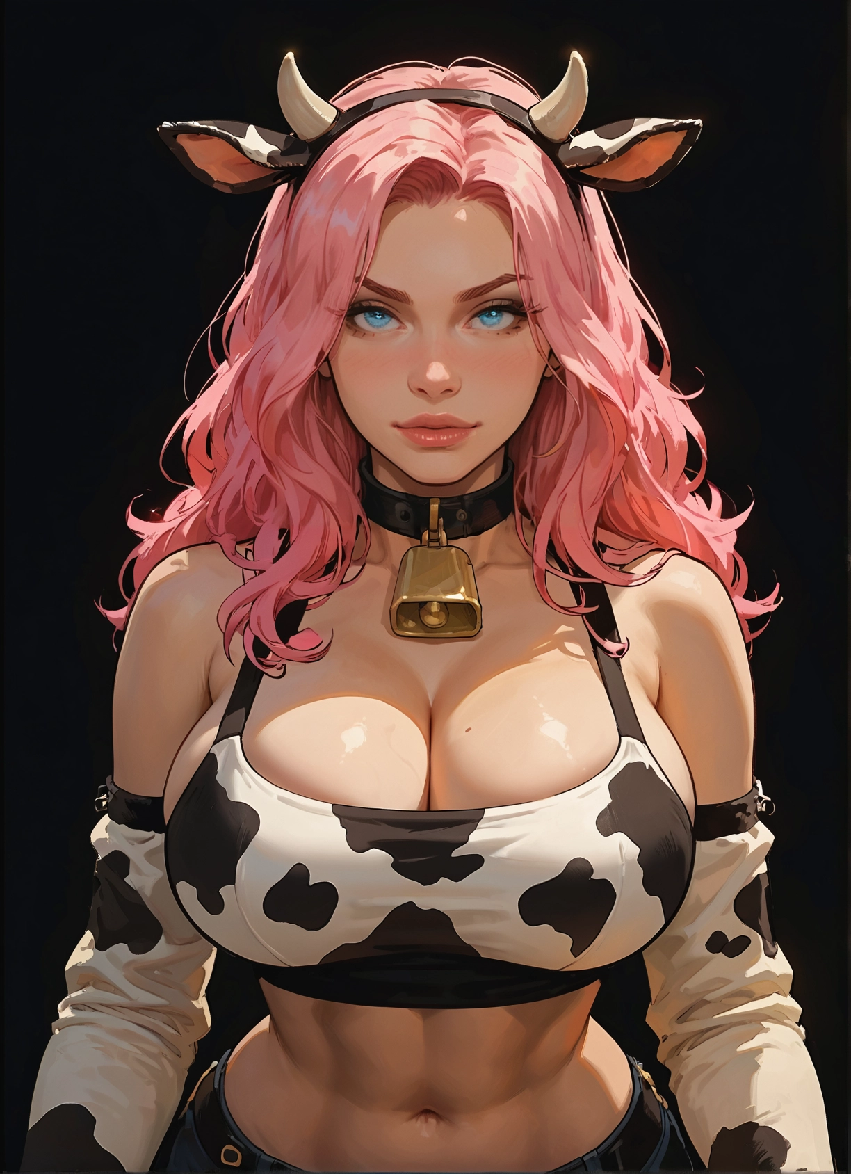 breasts, 1girl, pink hair, animal ears, animal print, cow print · Yamete.gg