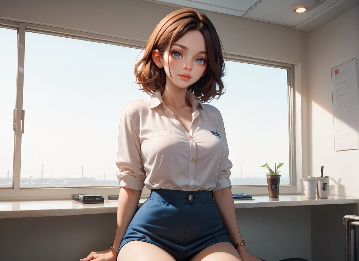 1girl, solo, blue eyes, indoors, brown hair, window · Yamete.gg