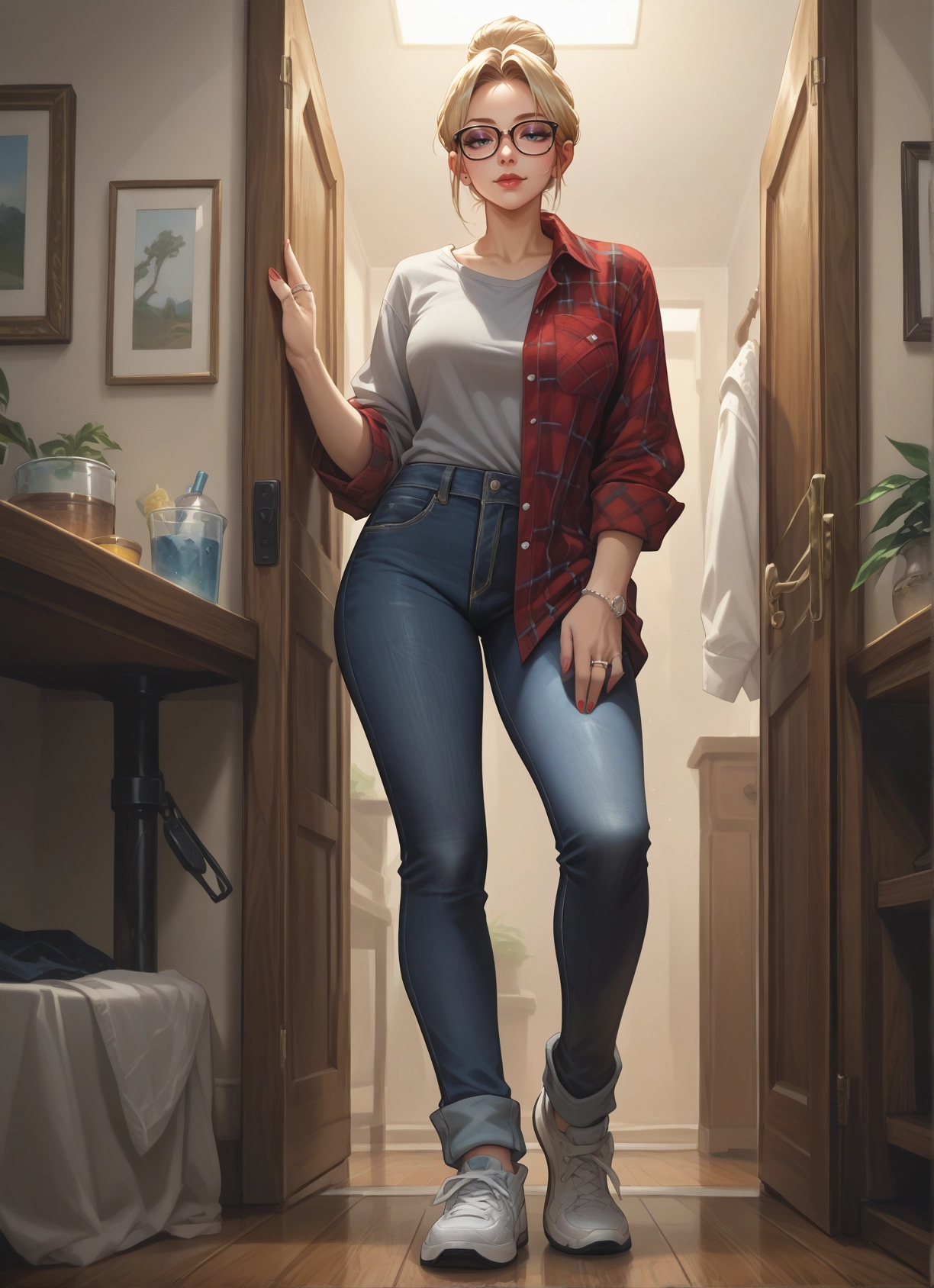 1girl, pants, glasses, jewelry, ring, blonde hair · Yamete.gg
