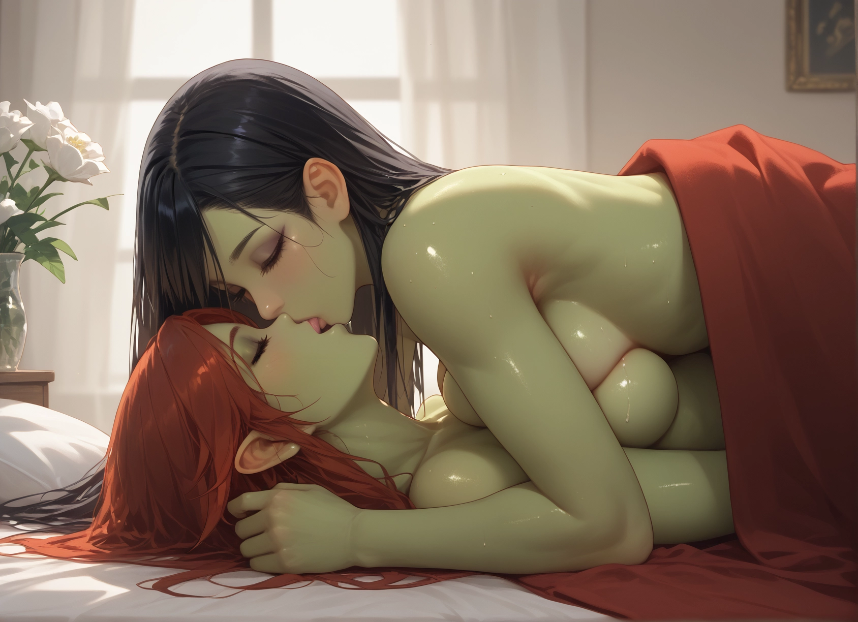 multiple girls, 2girls, breasts, yuri, kiss, closed eyes · Yamete.gg