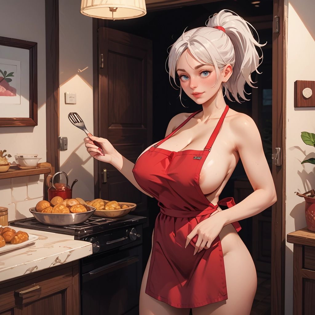1girl, breasts, apron, naked apron, blue eyes, areolae · Yamete.gg